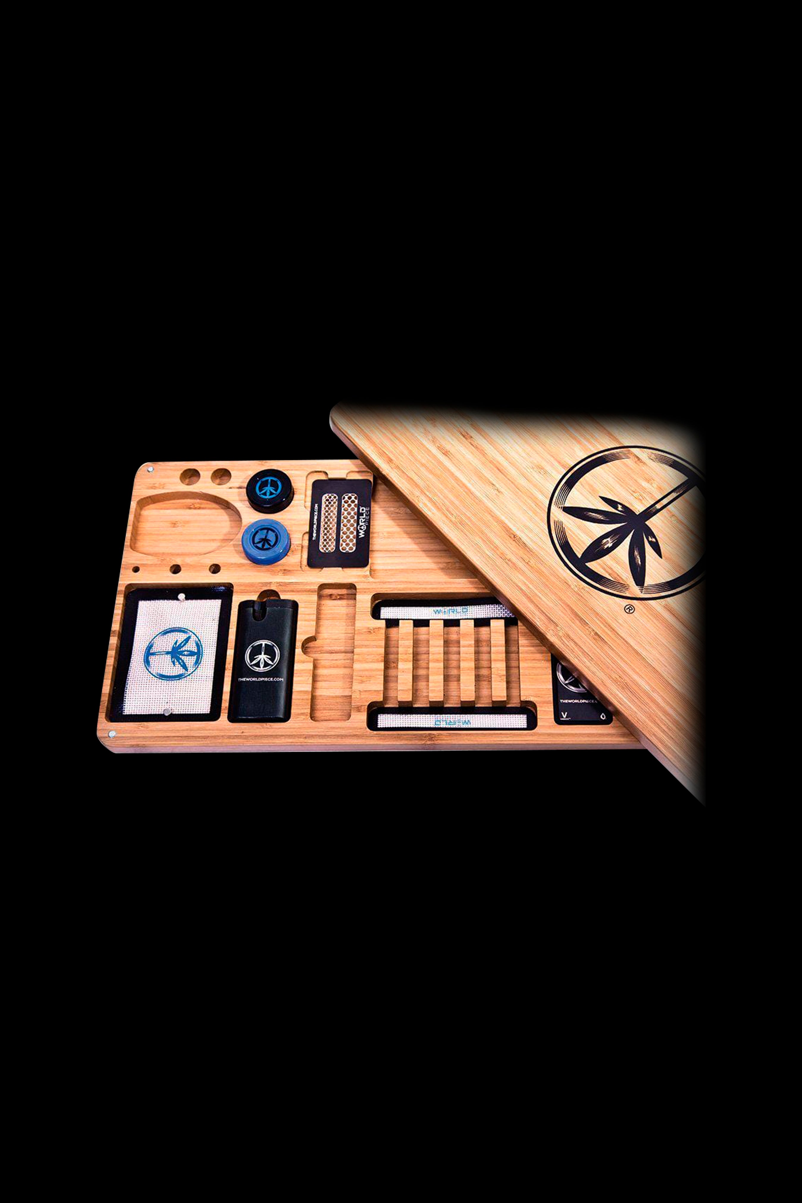 Wooden cannabis rolling tray with peace sign accents and compartments for accessories, displayed against a black background.