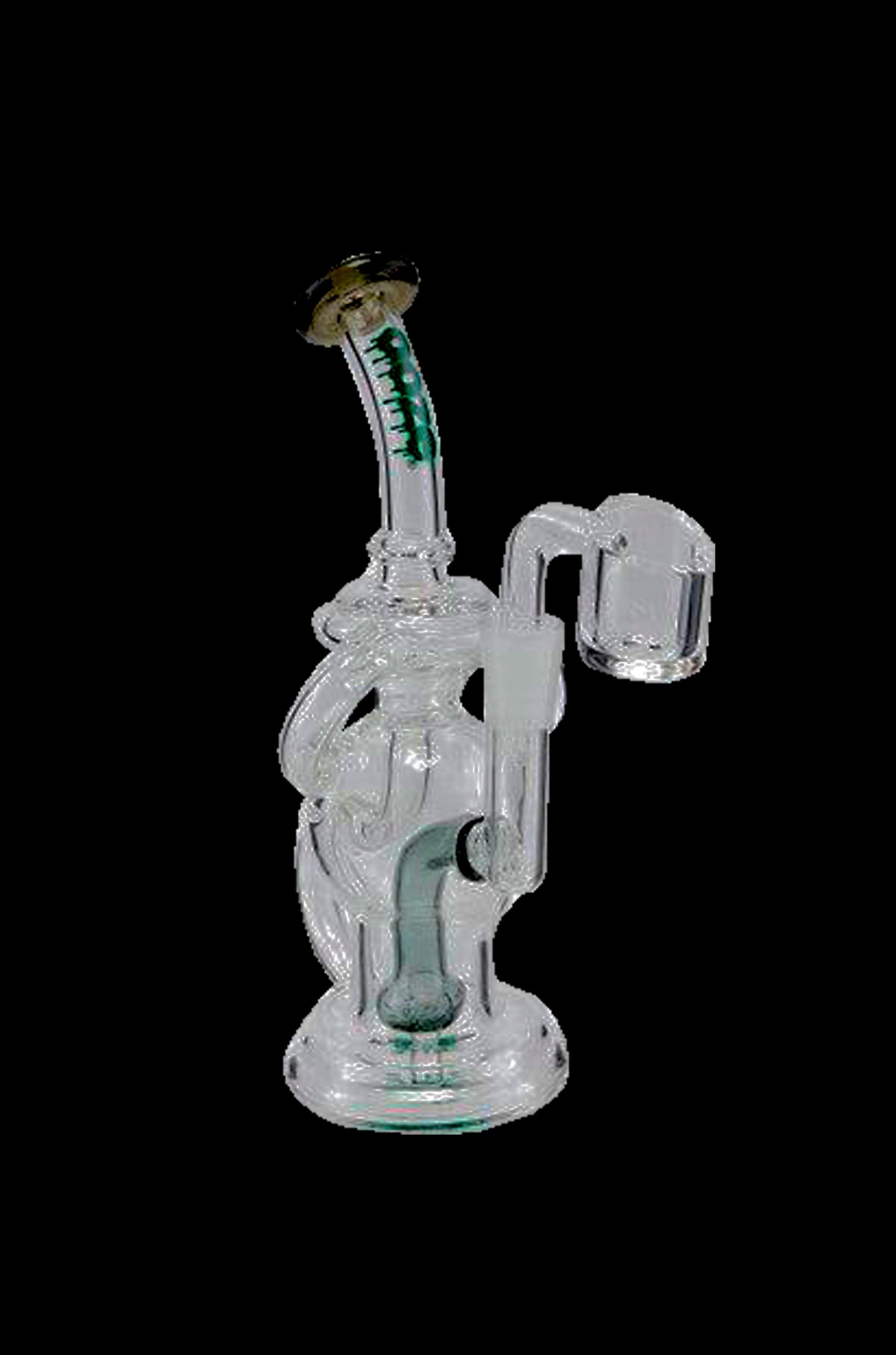 Clear glass dab rig with green accents and a quartz banger.