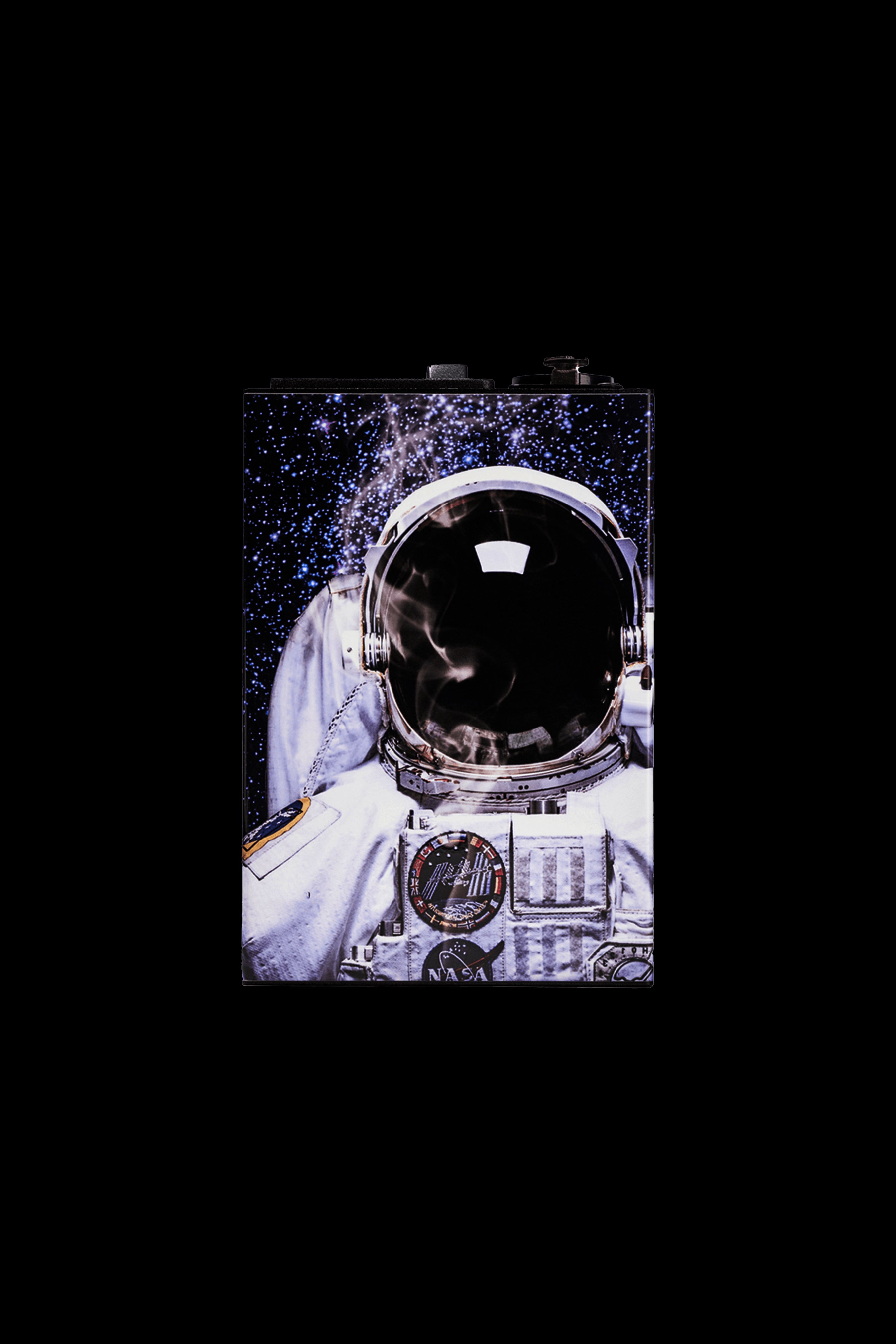Astronaut-themed cannabis accessory case with a NASA patch against a starry background.