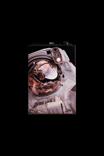 Astronaut helmet transformed into a cannabis smoking device.