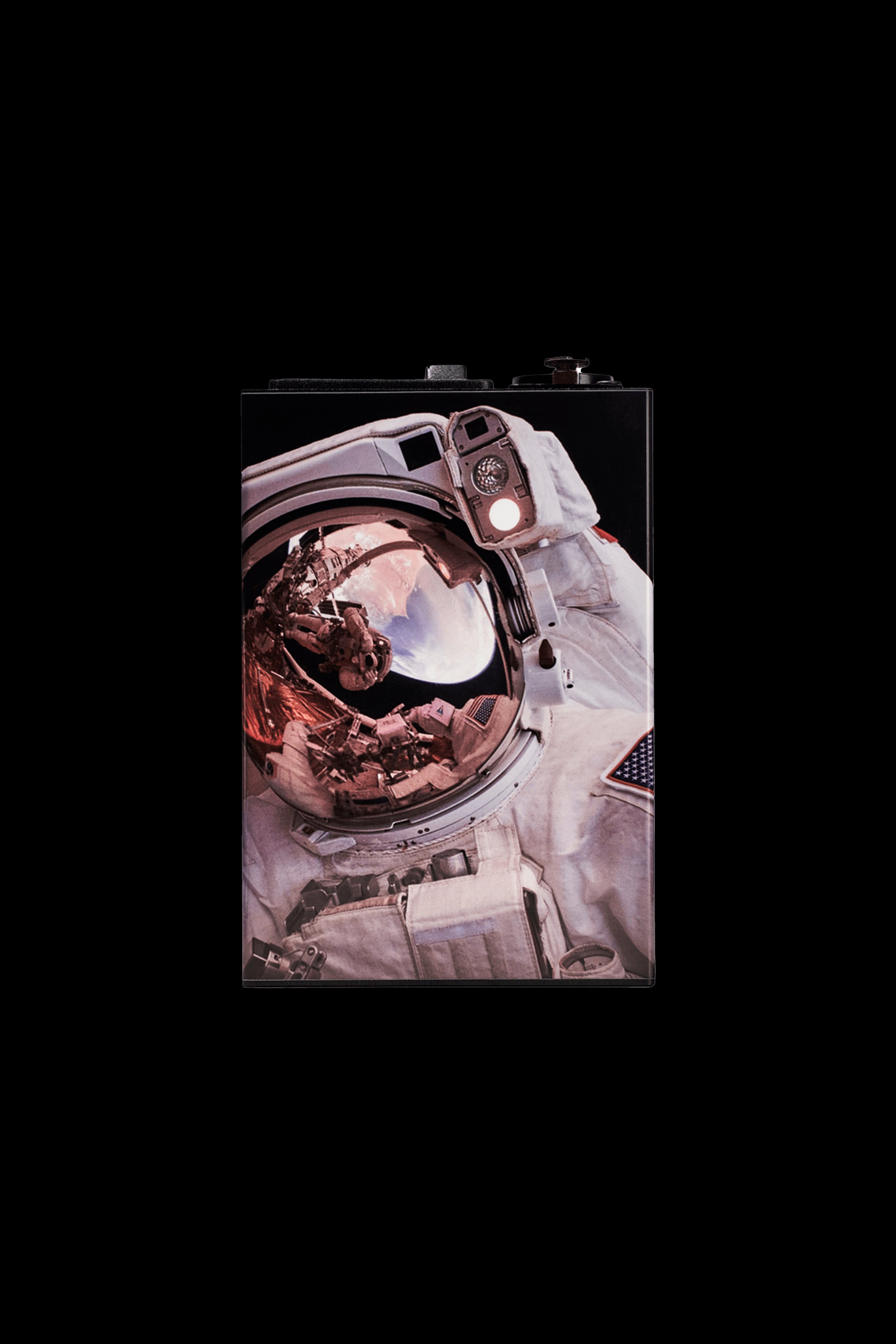 Astronaut helmet encasing a cannabis bud, promoting a space-themed cannabis accessory brand.