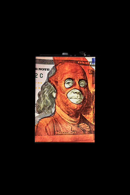 A close-up of a $100 bill with cartoonish, exaggerated eyes and mouth added to Benjamin Franklin’s portrait, resembling a stoned expression.