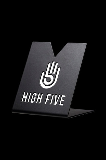 Black display stand with a white hand giving a “high five” and the text “HIGH FIVE.”