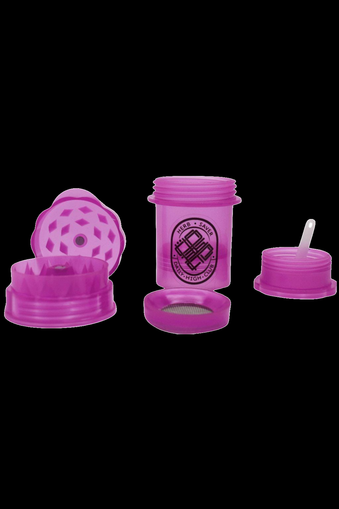 Pink cannabis grinder, storage container, and dab tool set.