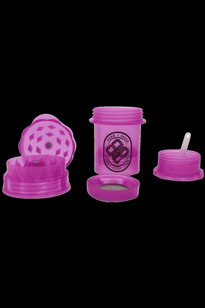 Pink cannabis grinder, storage container, and dab tool set.