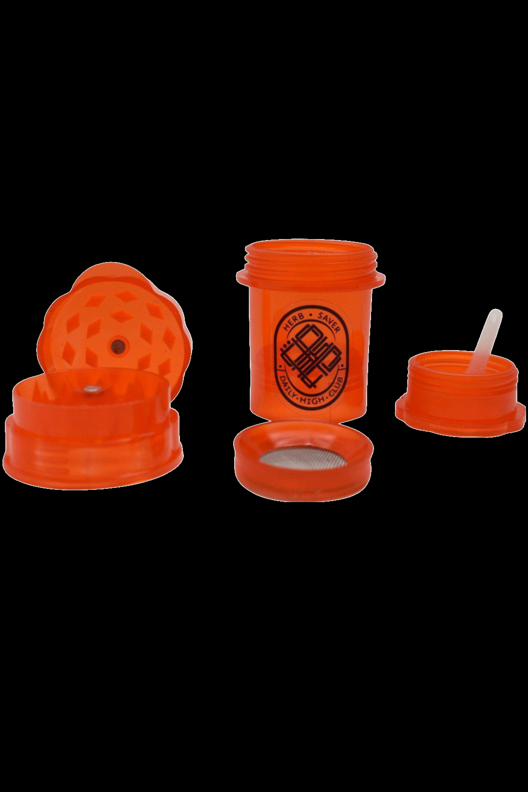 Orange silicone grinder and airtight jar with cannabis leaf logo and small scoop.
