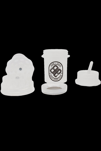 Beanie, glass jar with cannabis leaf logo, and hand giving a thumbs-up – cannabis accessories and branding.