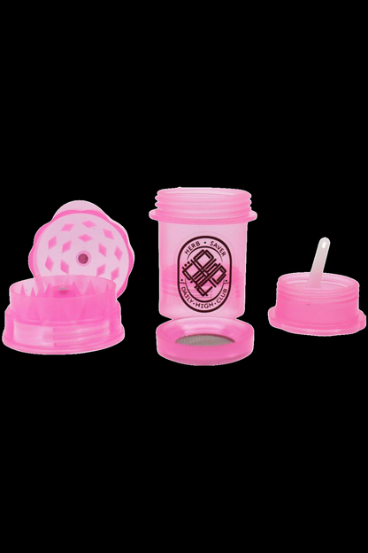 Pink silicone cannabis storage containers with different lid styles, featuring a "Herb Saver Daily High Club" logo.