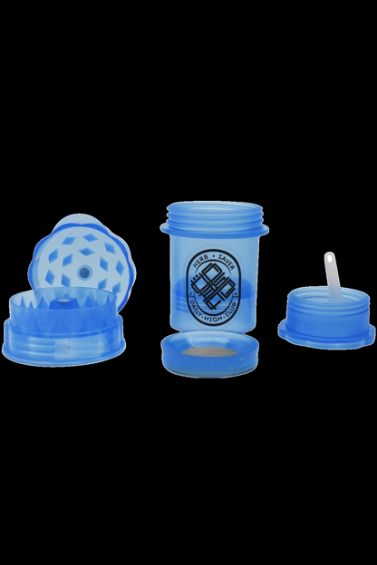 Blue glass cannabis accessories including a skull-shaped grinder, a storage jar labeled “Herb Saver” and “Danky High Club”, and a small oil burner.