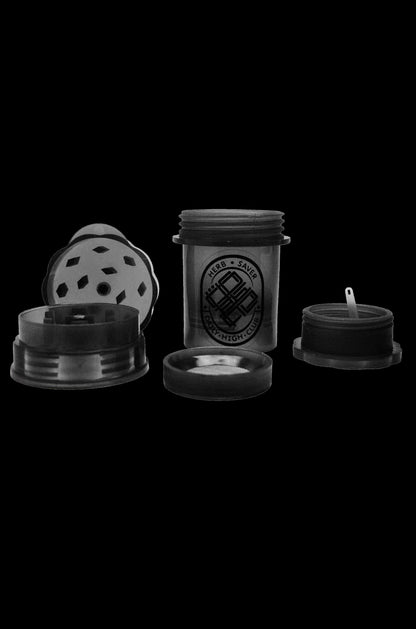 Cannabis storage jar with grinder components displayed on a black background.