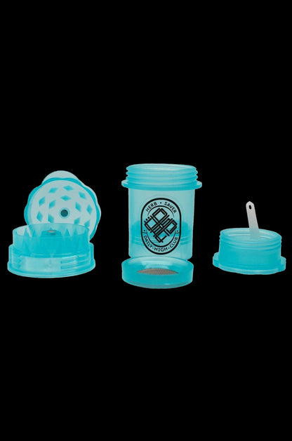 Three blue, airtight cannabis storage containers with unique lid designs, branded with "Herb Saver Daily High Club."