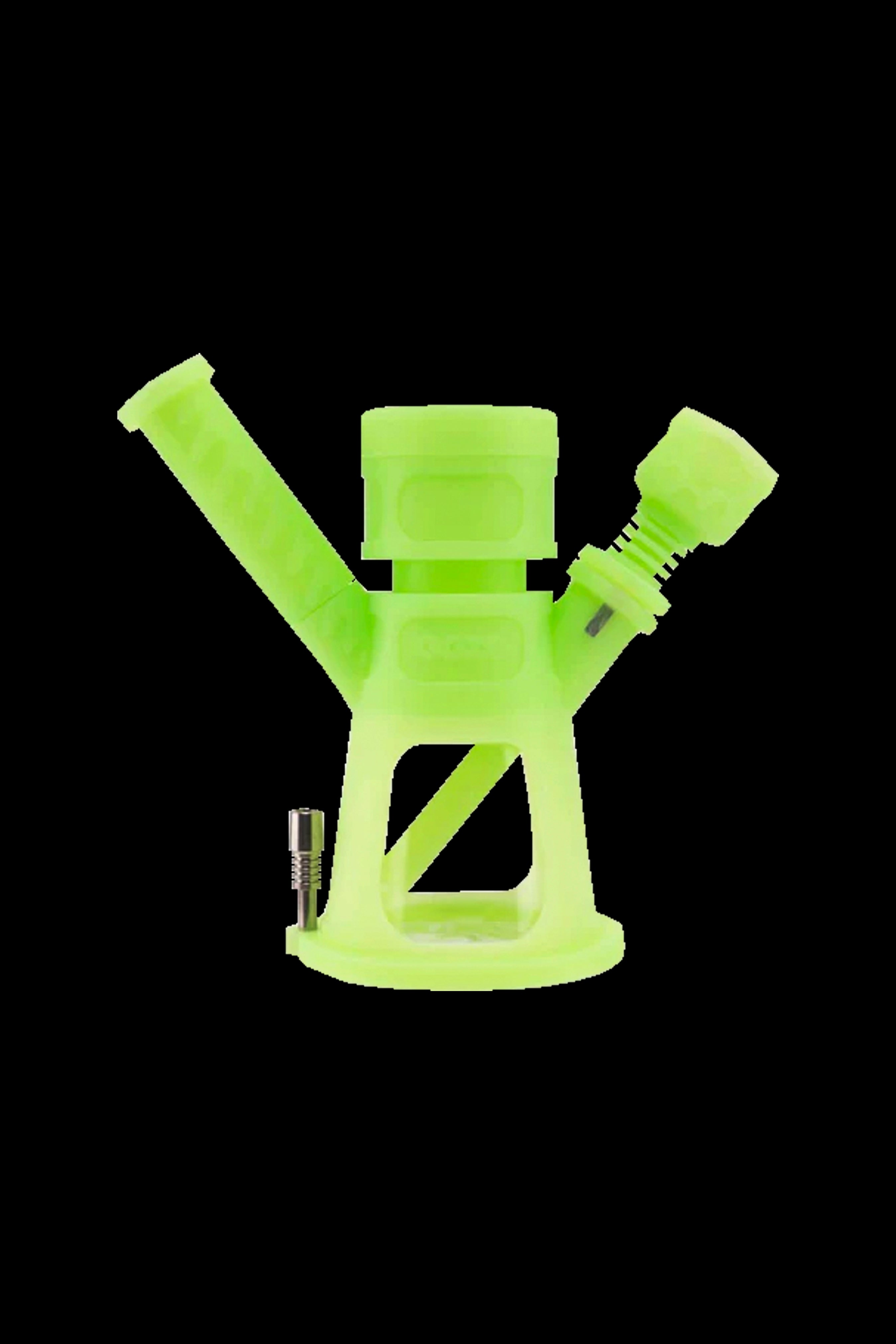 Neon green silicone bubbler with a metal coil and downstem.