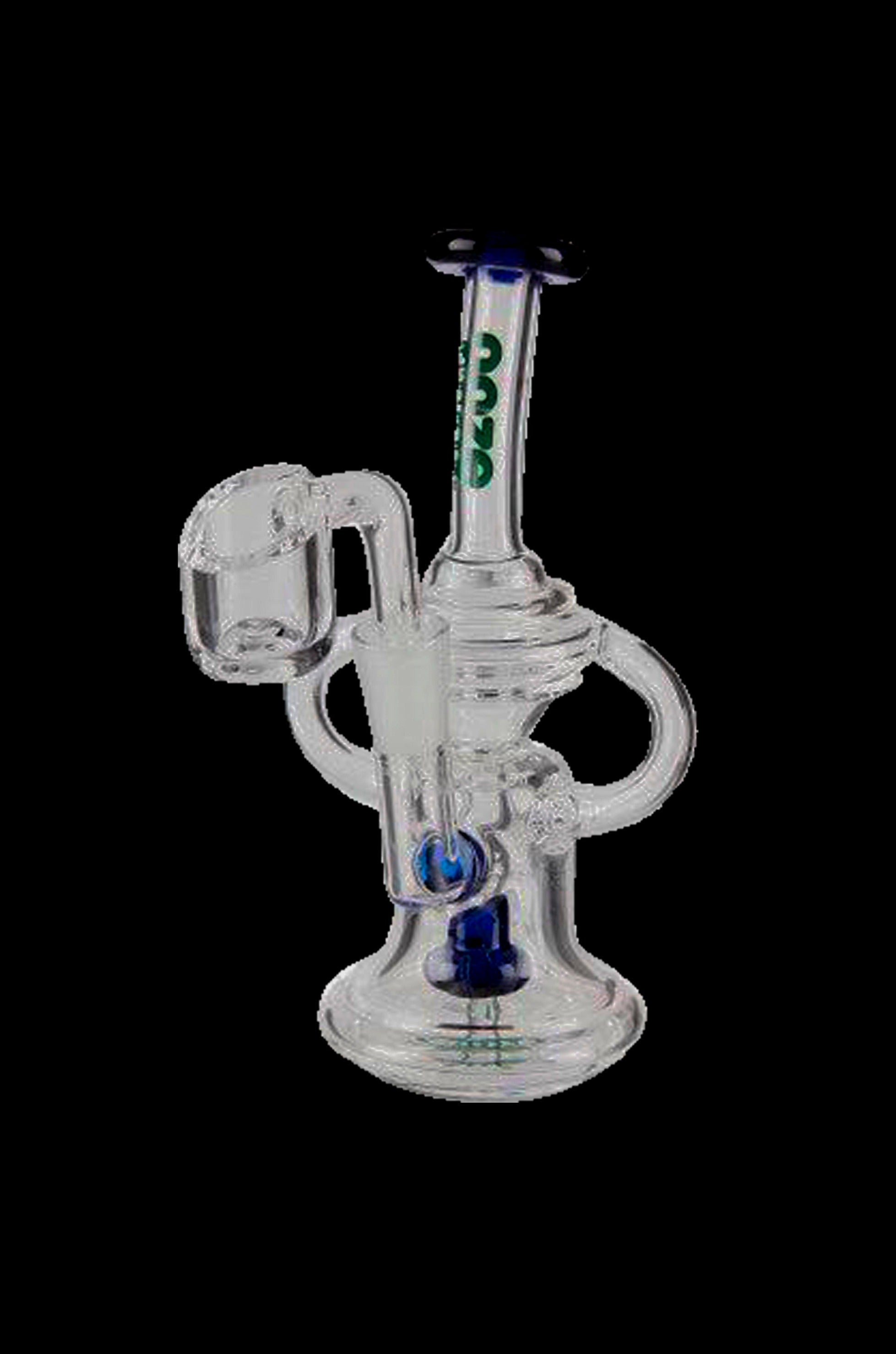 Clear glass dab rig with intricate percolator and quartz banger.