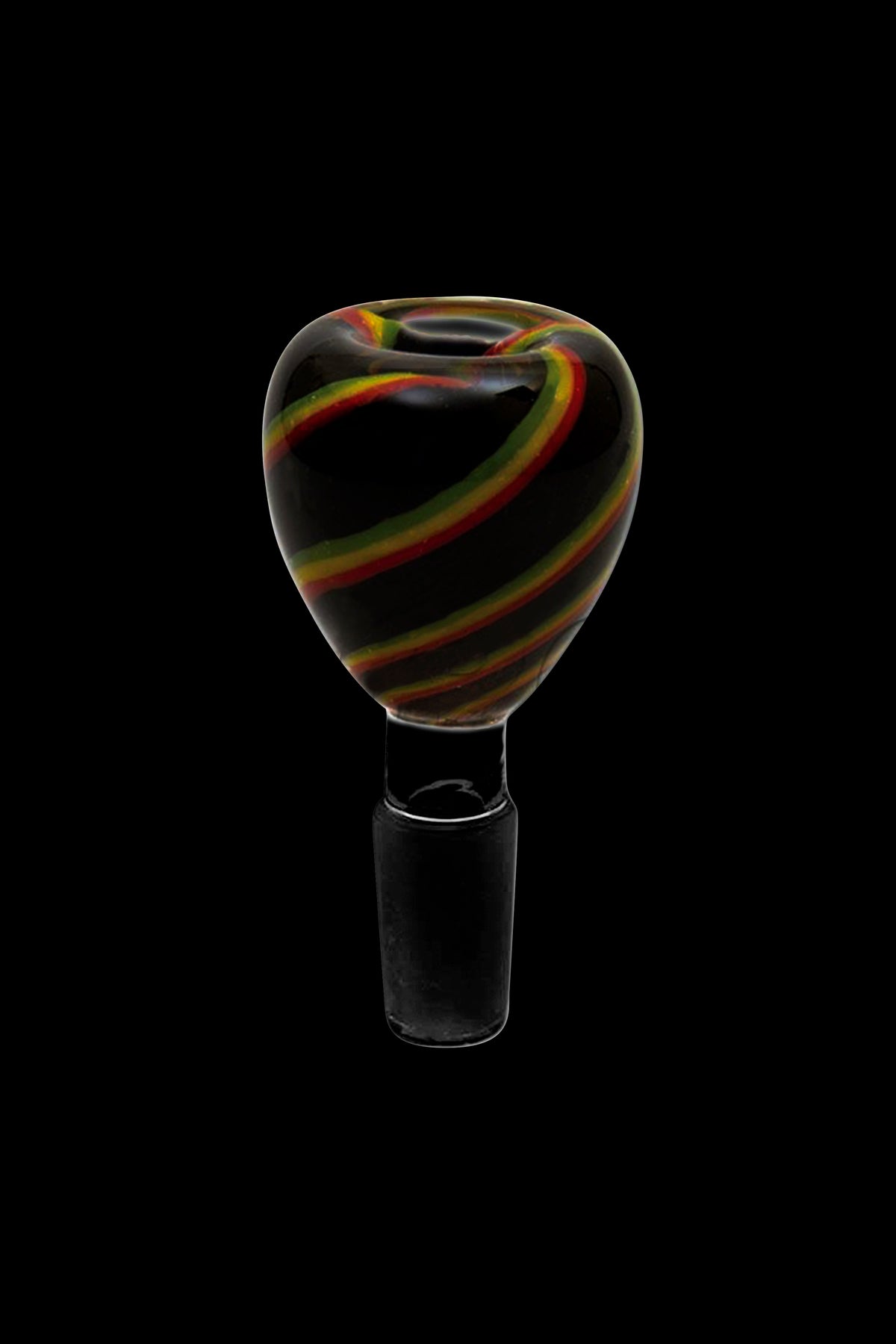 Handblown glass bowl with red, green, and gold stripes, designed for use with a water pipe.