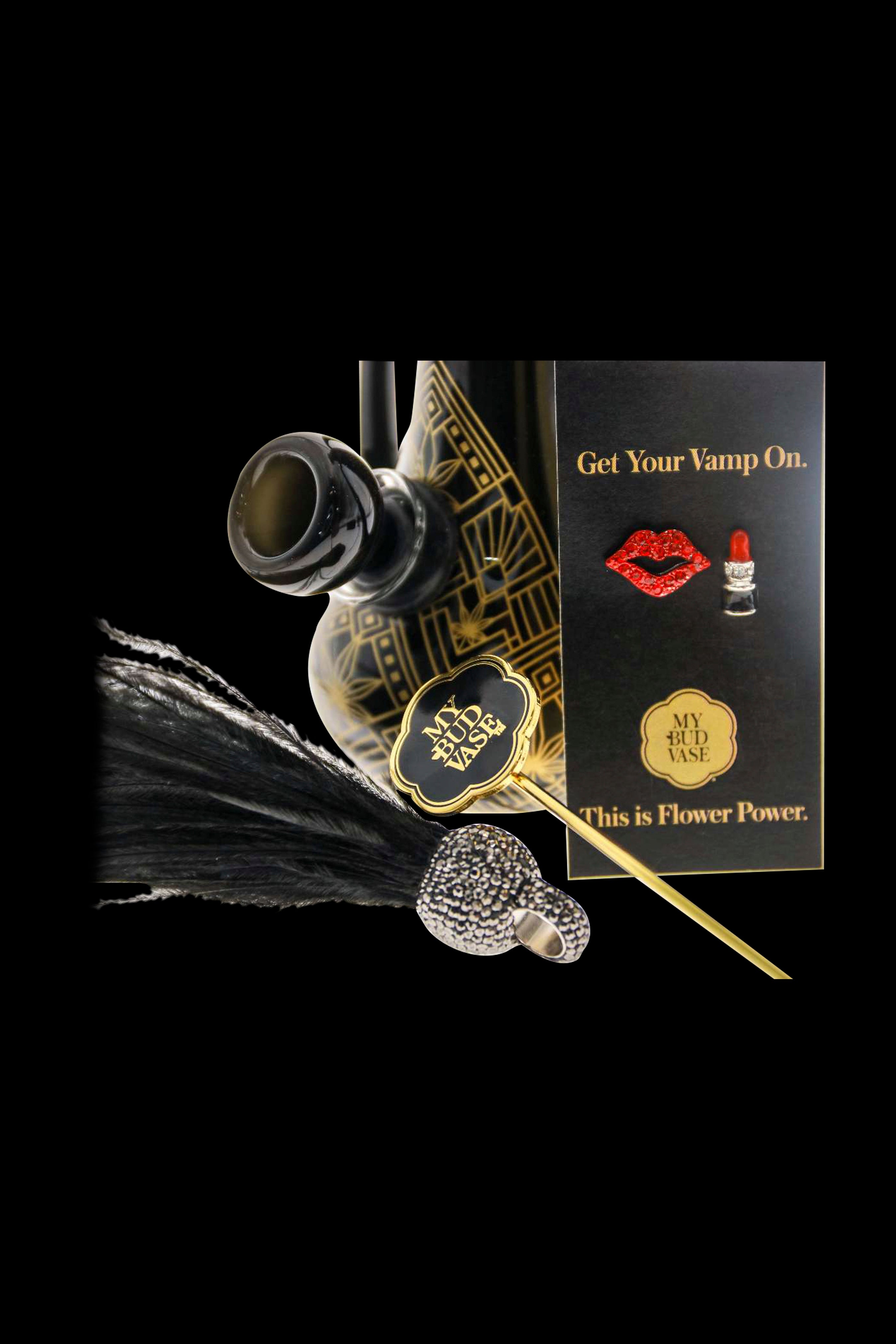 A product shot of “My Bud Vase” cannabis accessories featuring a glass water pipe with a decorative, textured base, displayed against a dark background with marketing text reading “Get Your Vamp On” and “This is Flower Power.”