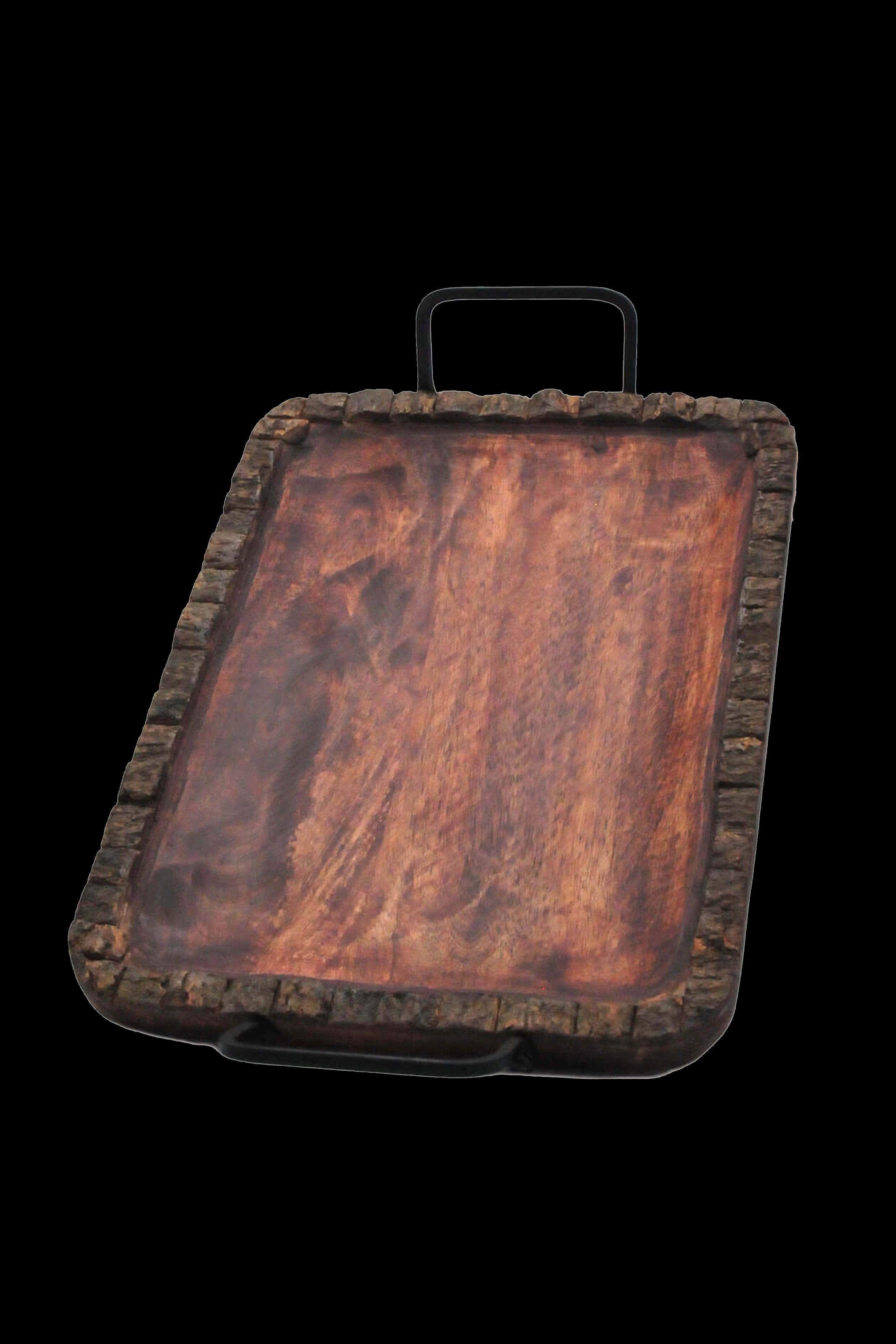 Wooden serving tray with metal handles, likely for cannabis accessories.