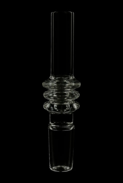 Vertical studio shot of The Original Nectar Collector Wildbird 10mm Tip ceramic variant, backlit clear glass with stacked bulbous rings against black