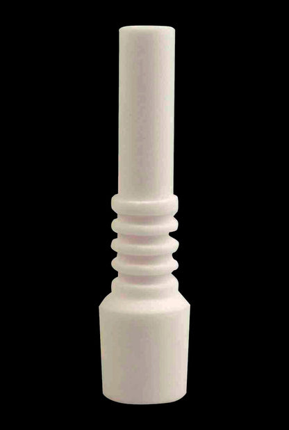Centered vertical close-up of The Original Nectar Collector Wildbird 10mm Tip in white against a solid black background, showing the ribbed midsection and smooth cylindrical top.