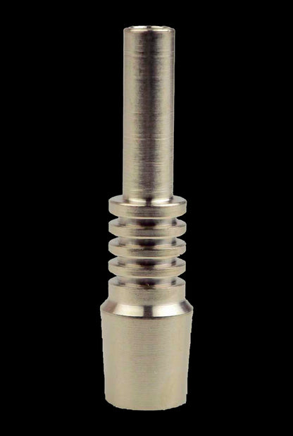 Centered vertical close-up of The Original Nectar Collector Wildbird 10mm Tip in brushed titanium against a solid black background.