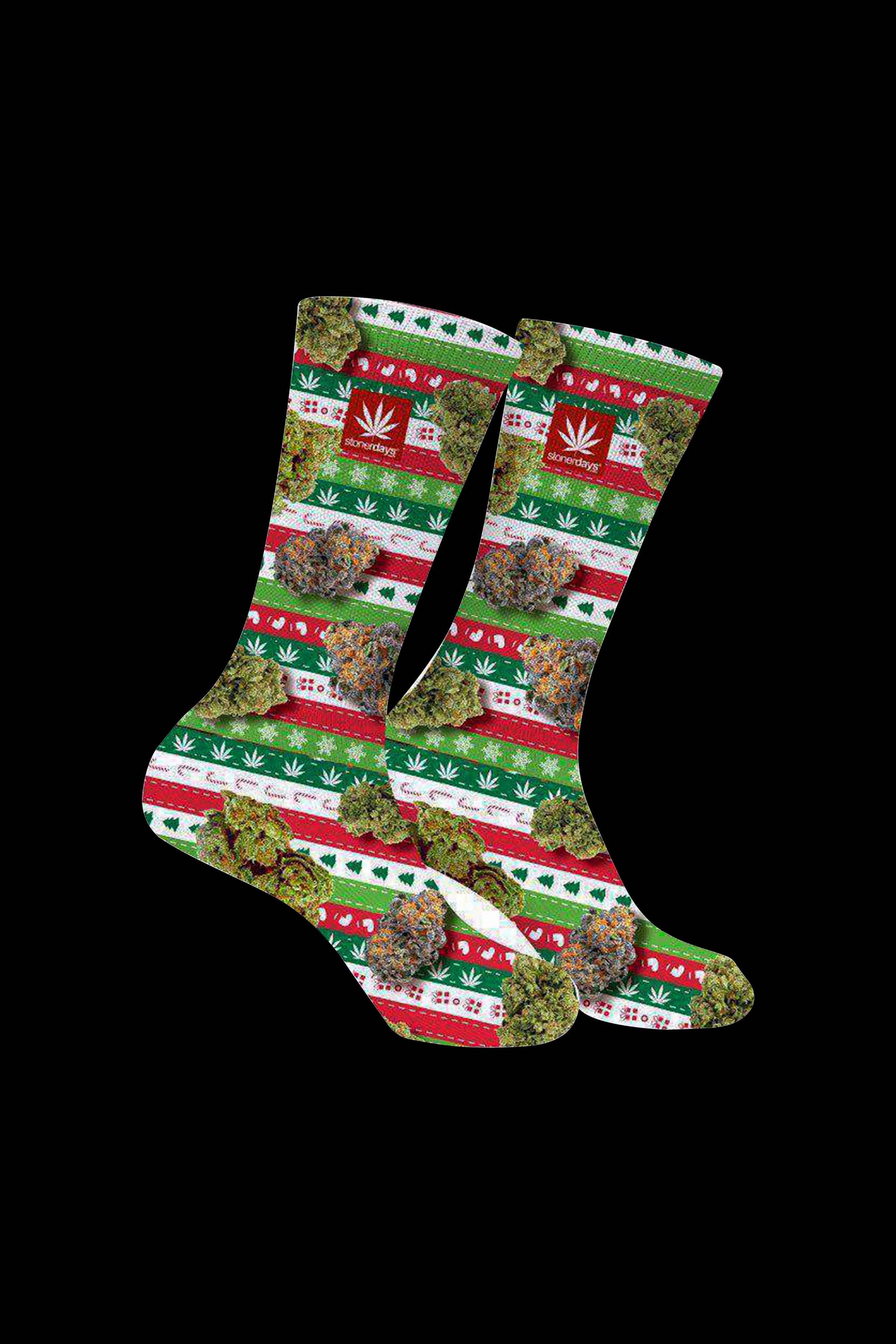Cannabis-themed socks with a festive, patterned design resembling a Christmas sweater, featuring marijuana leaf motifs and buds."