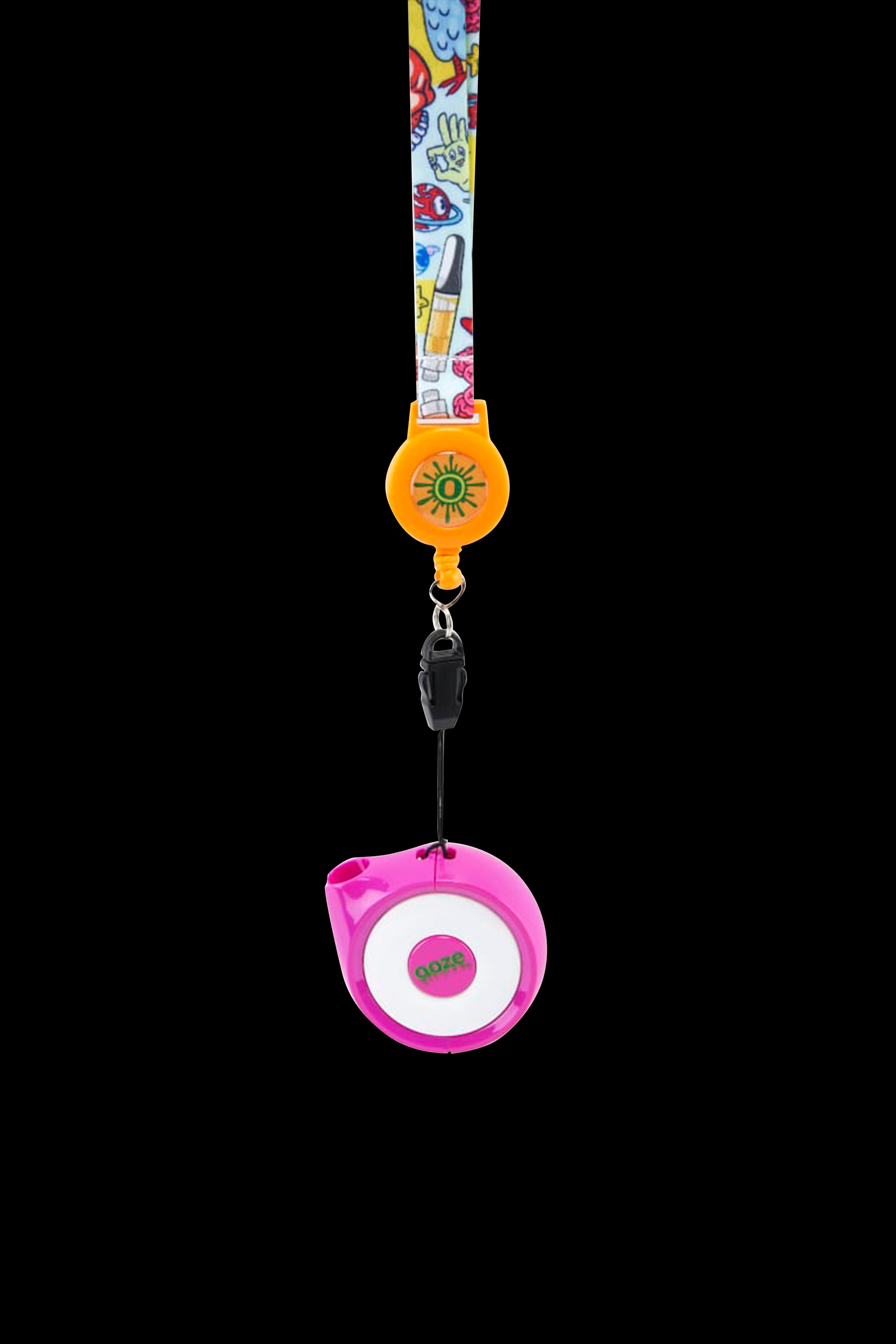 Pink retractable badge reel with cannabis-themed art and a “DOZA” logo.
