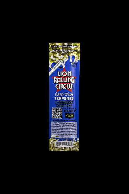 Pouch of Lion Rolling Circus Strawberry Shortcake hemp wraps, labeled as tobacco and nicotine-free, vegan, and containing terpenes. 