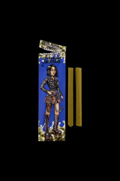 Pack of "Strawberry Shortcake" hemp wraps with two rolled blunt papers beside it, on a white background.