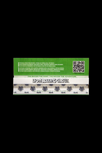 Pack of Lion Rolling Circus rolling papers with multilingual warning text and a QR code.
