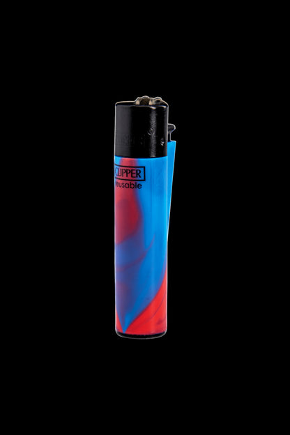 A colorful, refillable Clipper lighter with a red and blue marbled design on a black background.
