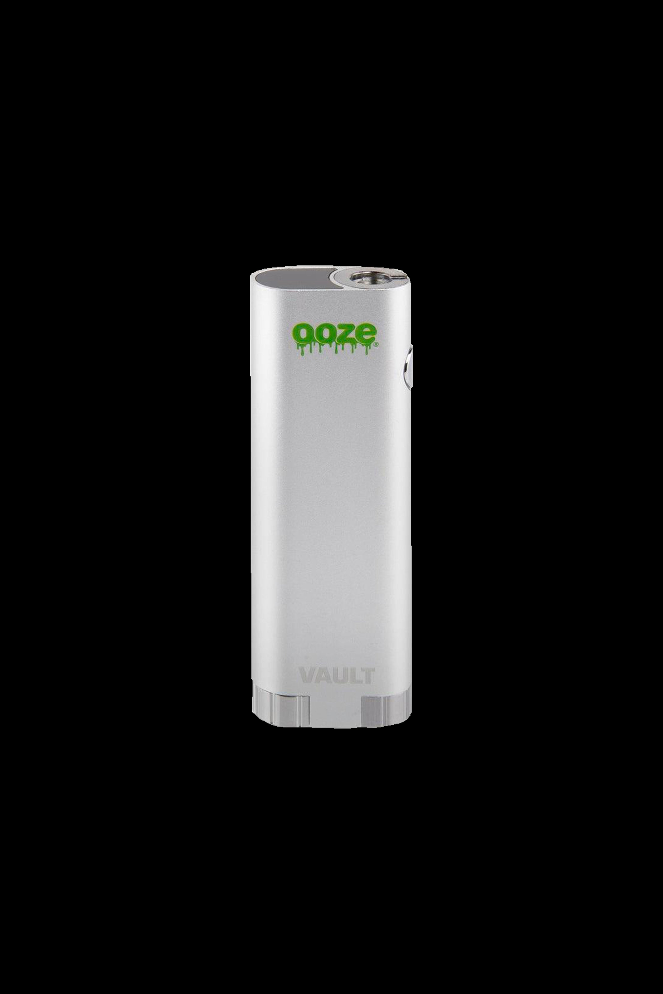 Silver cannabis vape pen with green “ooze” logo.