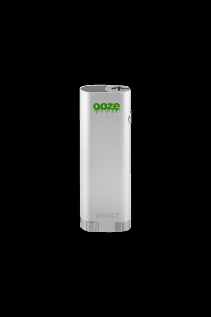 Silver cannabis vape pen with green “ooze” logo.