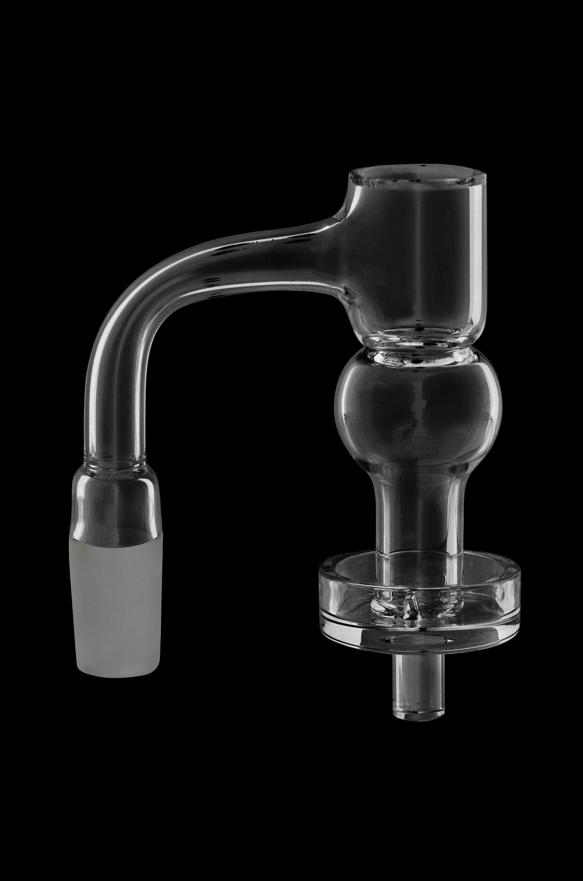 Clear glass dab rig attachment with angled neck and spherical bubbler.