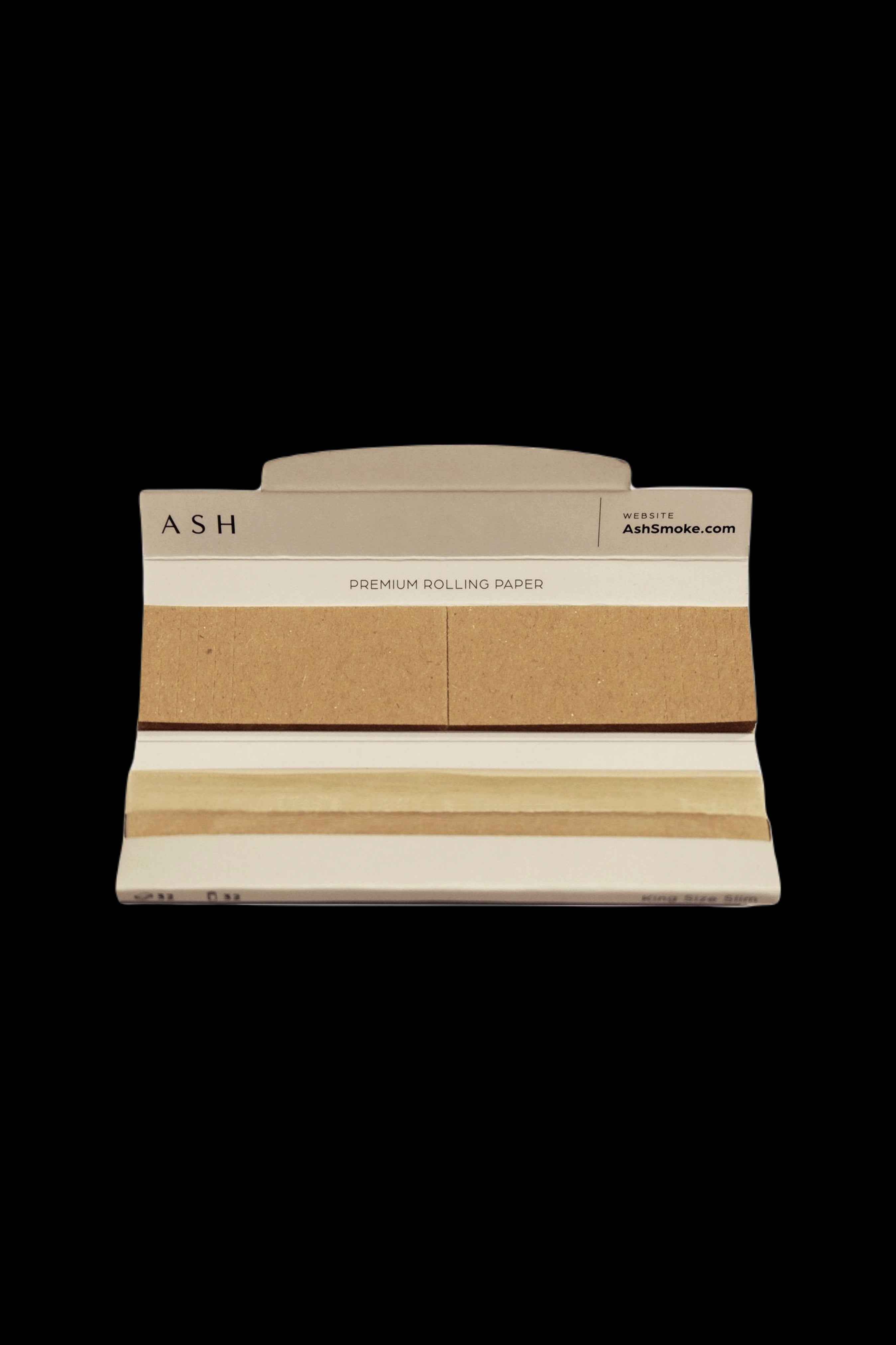 Pack of beige rolling papers with “ASH” branding and website address on a white background.