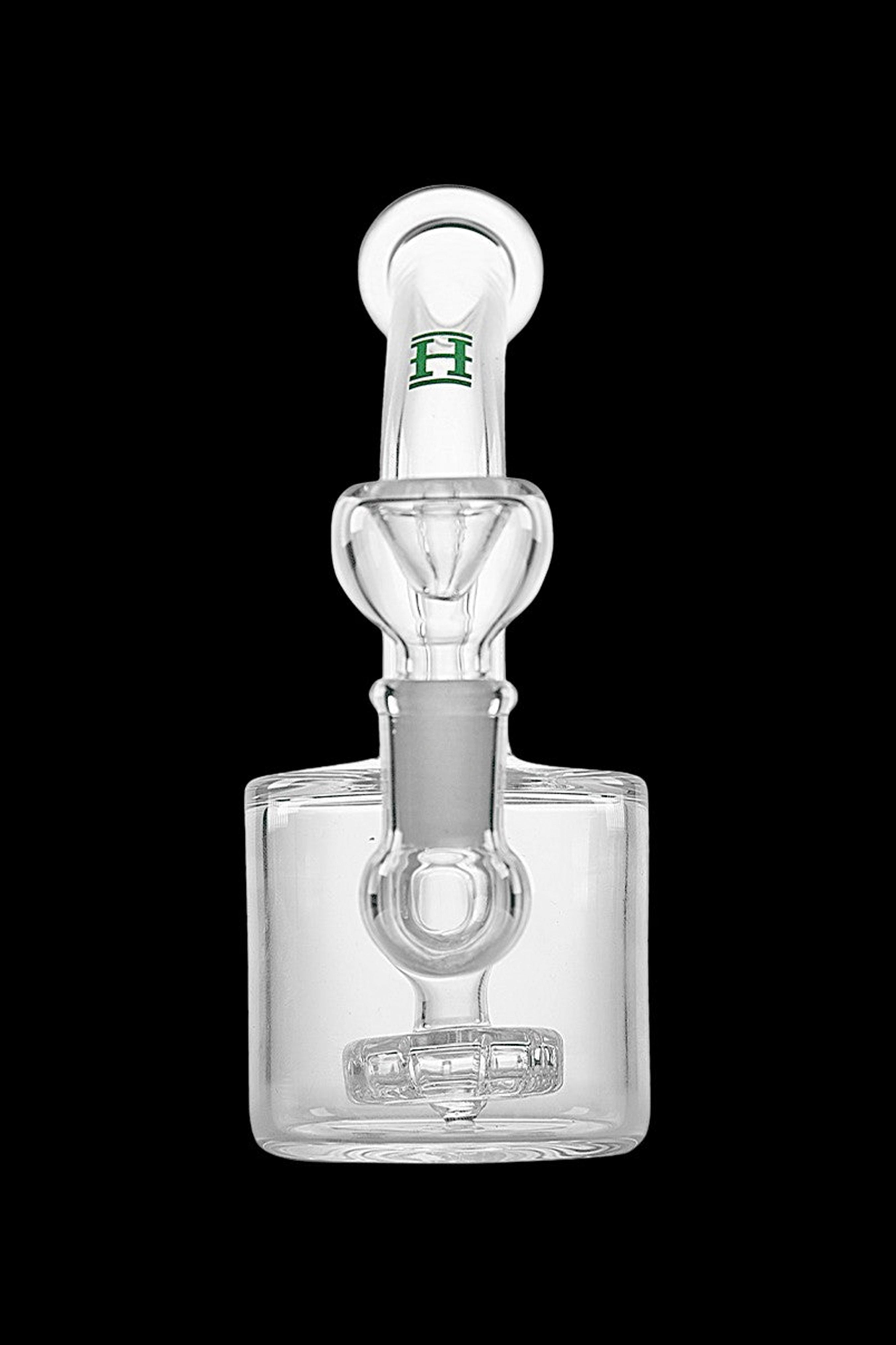 Clear glass bubbler with a honeycomb perc filter and green logo.