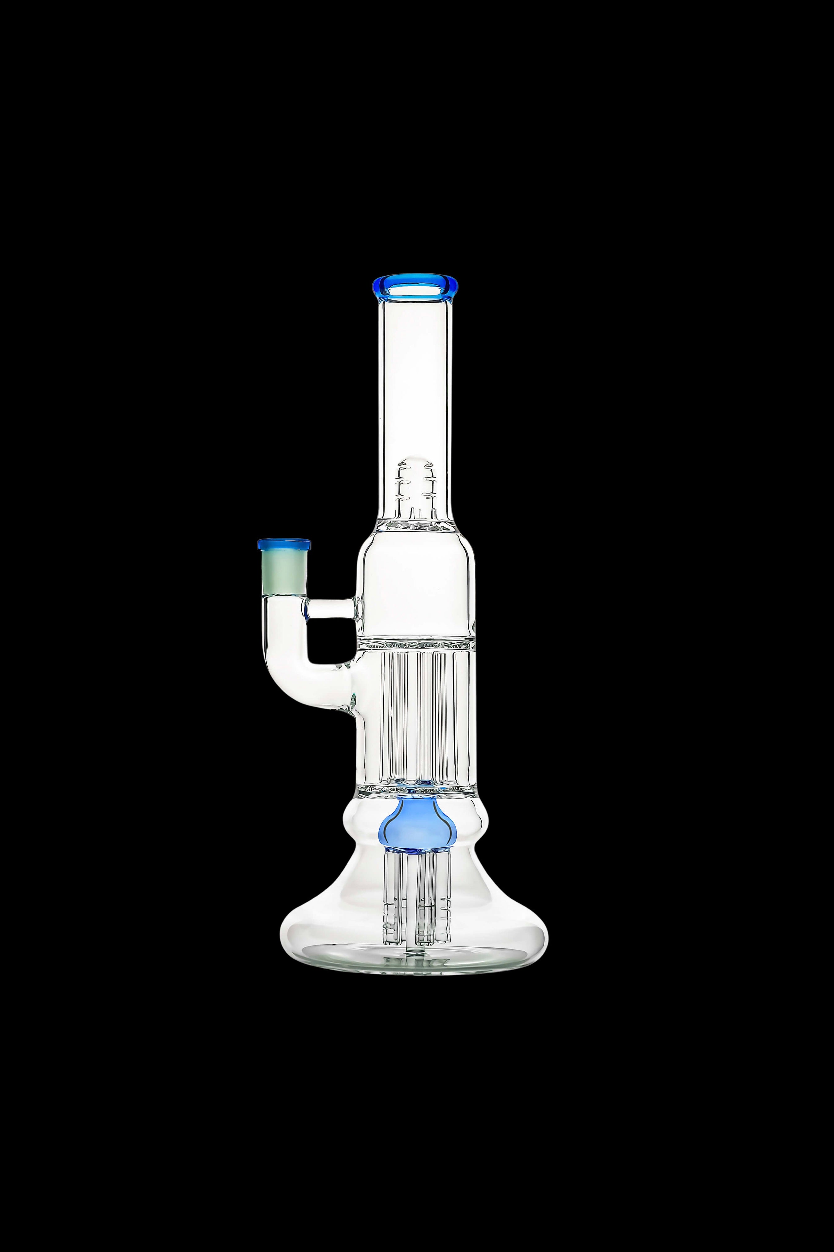 Centered front view of the Calibear Beaker Pillar Bong w/ Gilded Perc showing clear glass with blue-rim accents against black