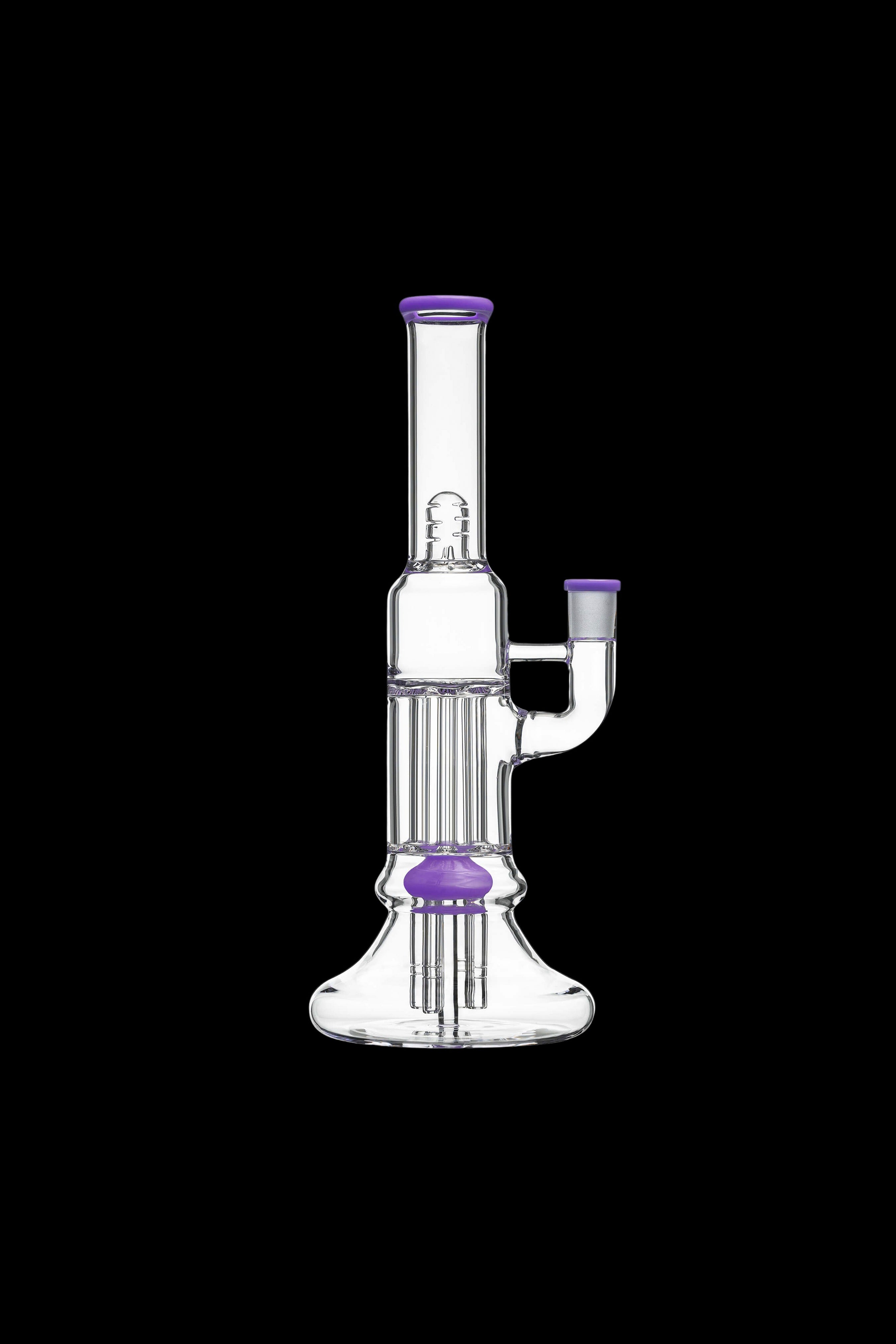 Vertical close-up of the Calibear Beaker Pillar Bong w/ Gilded Perc showing its clear glass body with purple-rimmed mouthpiece and matching purple accents against a black background