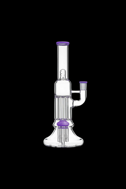 Vertical close-up of the Calibear Beaker Pillar Bong w/ Gilded Perc showing its clear glass body with purple-rimmed mouthpiece and matching purple accents against a black background