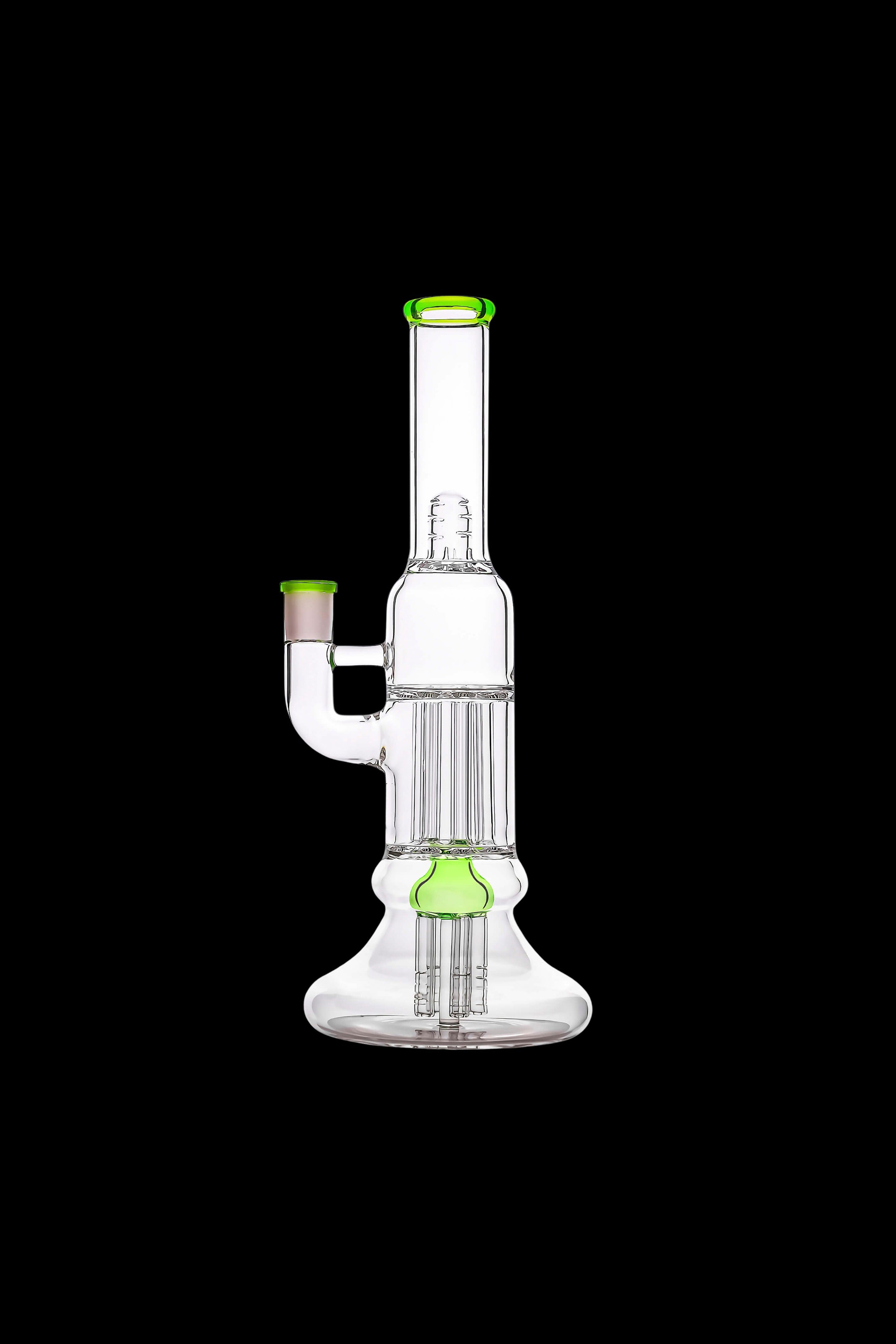 Vertical close-up of the Calibear Beaker Pillar Bong w/ Gilded Perc showing its clear glass chamber and neon green accents against a black background