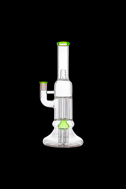 Vertical close-up of the Calibear Beaker Pillar Bong w/ Gilded Perc showing its clear glass chamber and neon green accents against a black background