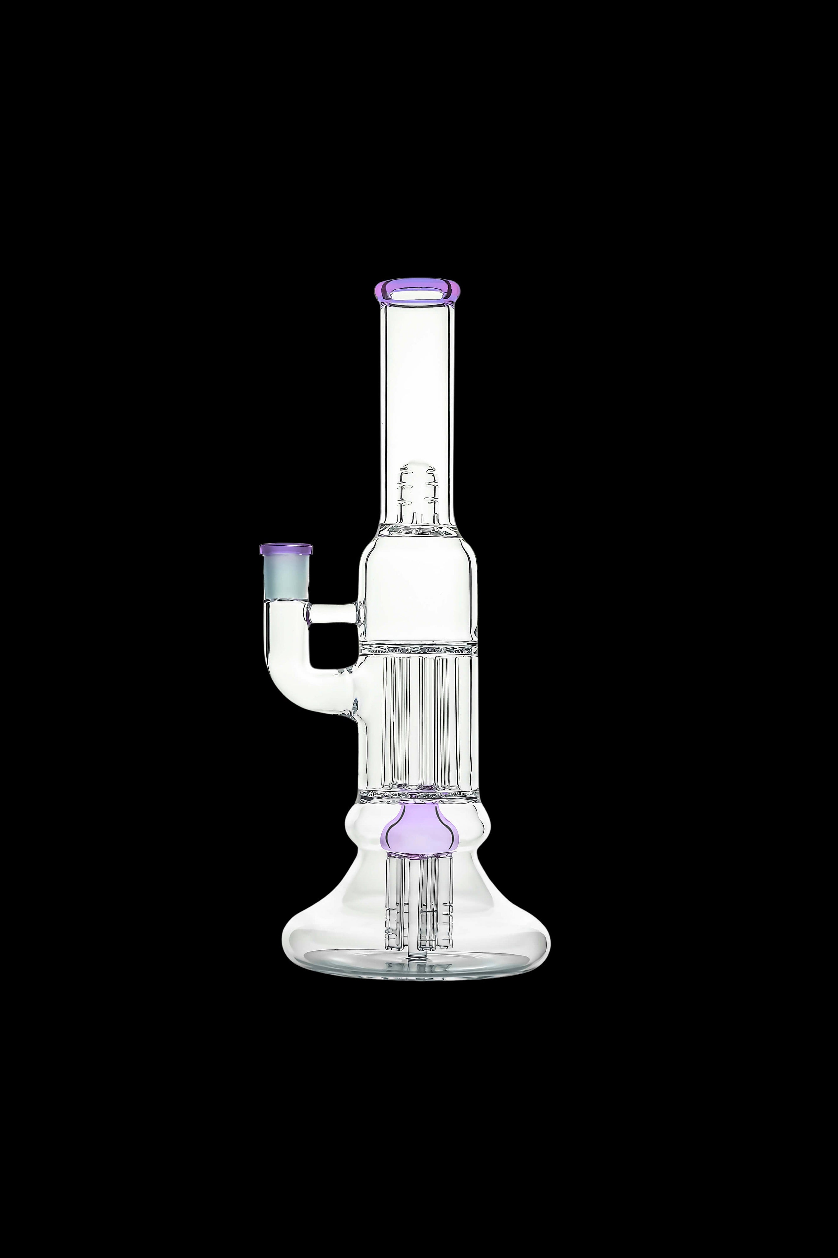 Vertical crop showing the clear glass Calibear Beaker Pillar Bong w/ Gilded Perc with purple-rimmed mouthpiece and percolator against a black background