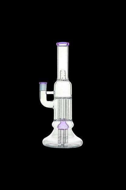 Vertical crop showing the clear glass Calibear Beaker Pillar Bong w/ Gilded Perc with purple-rimmed mouthpiece and percolator against a black background