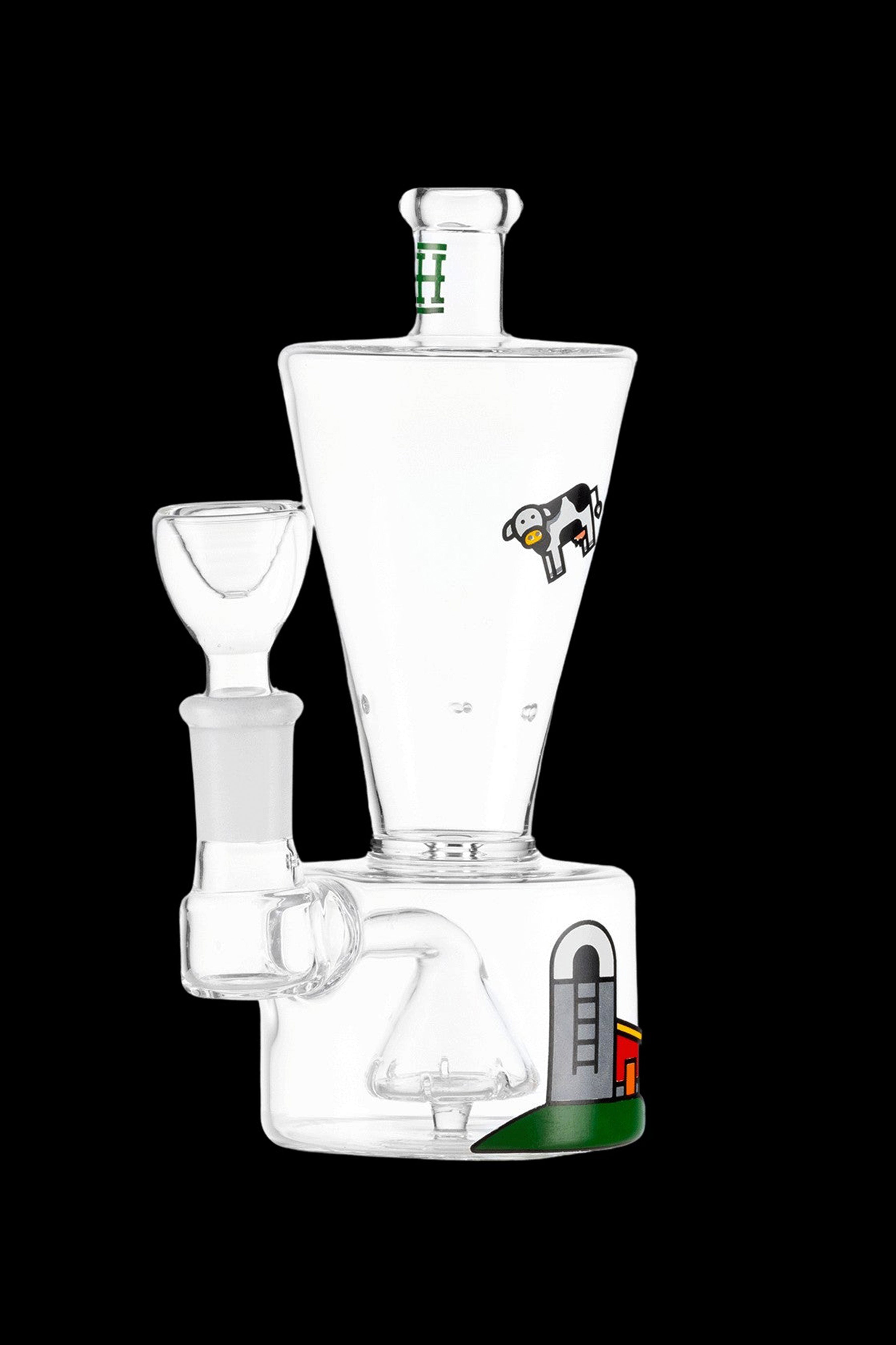 Clear glass water pipe (bong) with a unique conical shape and cartoonish illustrations.