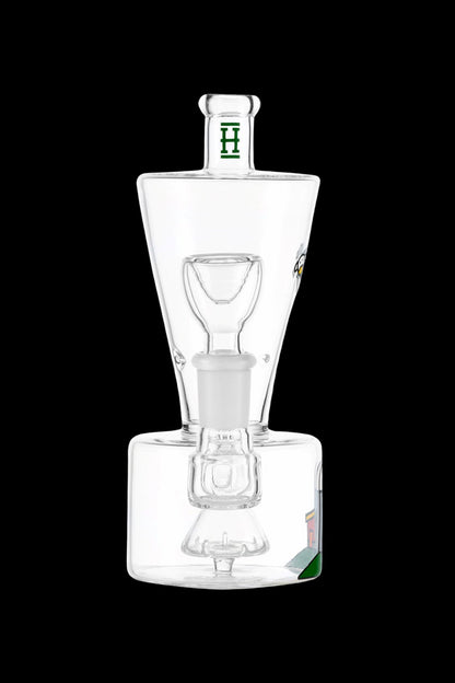 Clear glass water pipe (rig) with intricate percolator design.