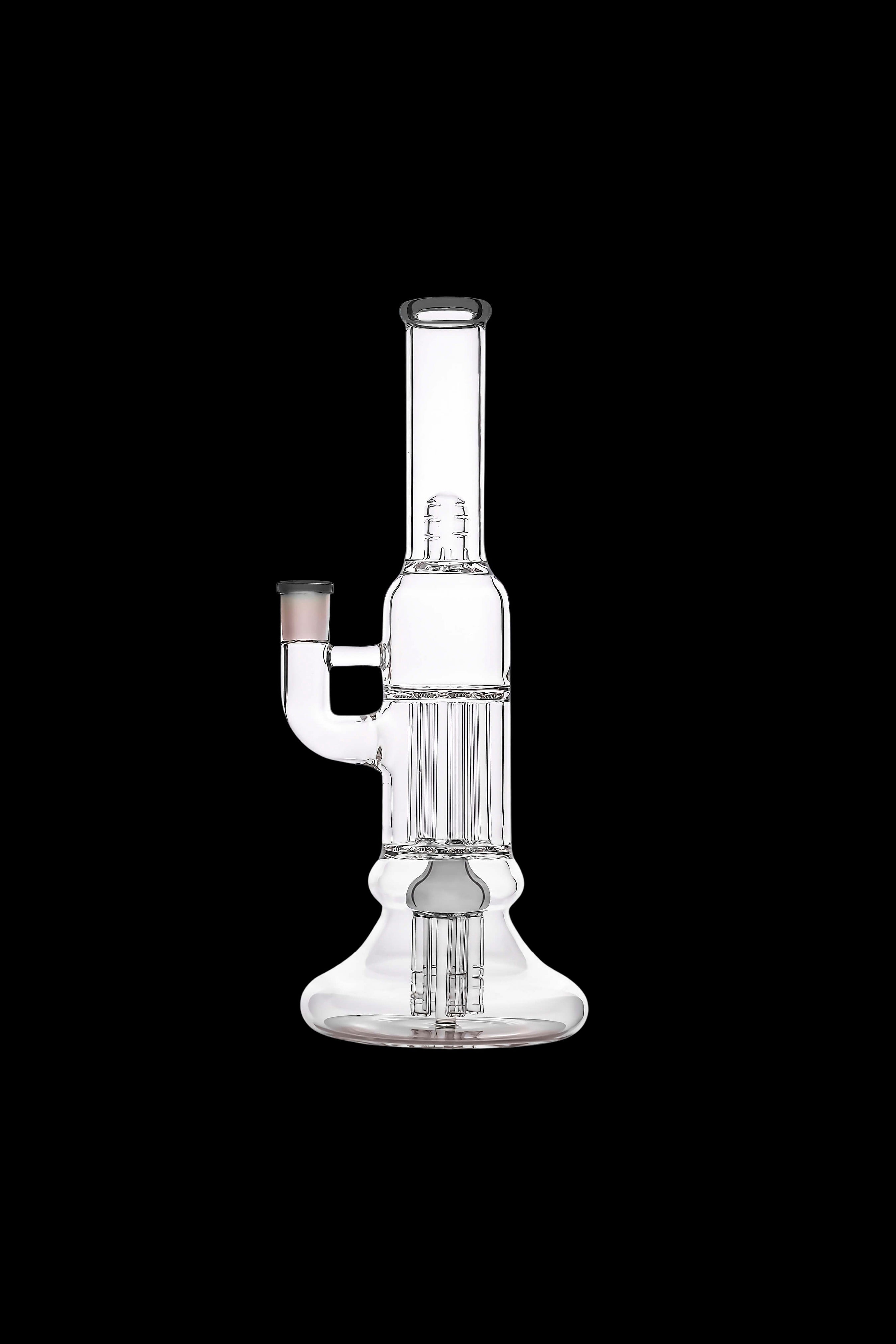 Vertical close-up of the Calibear Beaker Pillar Bong w/ Gilded Perc centered on a black background, showing clear glass percolator details.