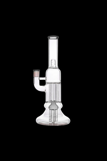 Vertical close-up of the Calibear Beaker Pillar Bong w/ Gilded Perc centered on a black background, showing clear glass percolator details.