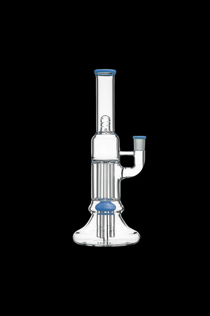 Centered front view of the Calibear Beaker Pillar Bong w/ Gilded Perc showing clear glass percolators and blue accents against a black background