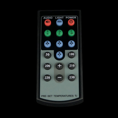 Remote control with temperature and timer settings for a cannabis vaporizer.