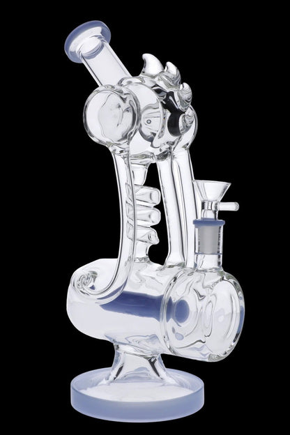 Angled front view of the Bent Neck Bong w/ Bowl & Banger in milky purple glass against a black background, showing its curved bent neck, sculpted percolator chamber, and attached bowl and banger.