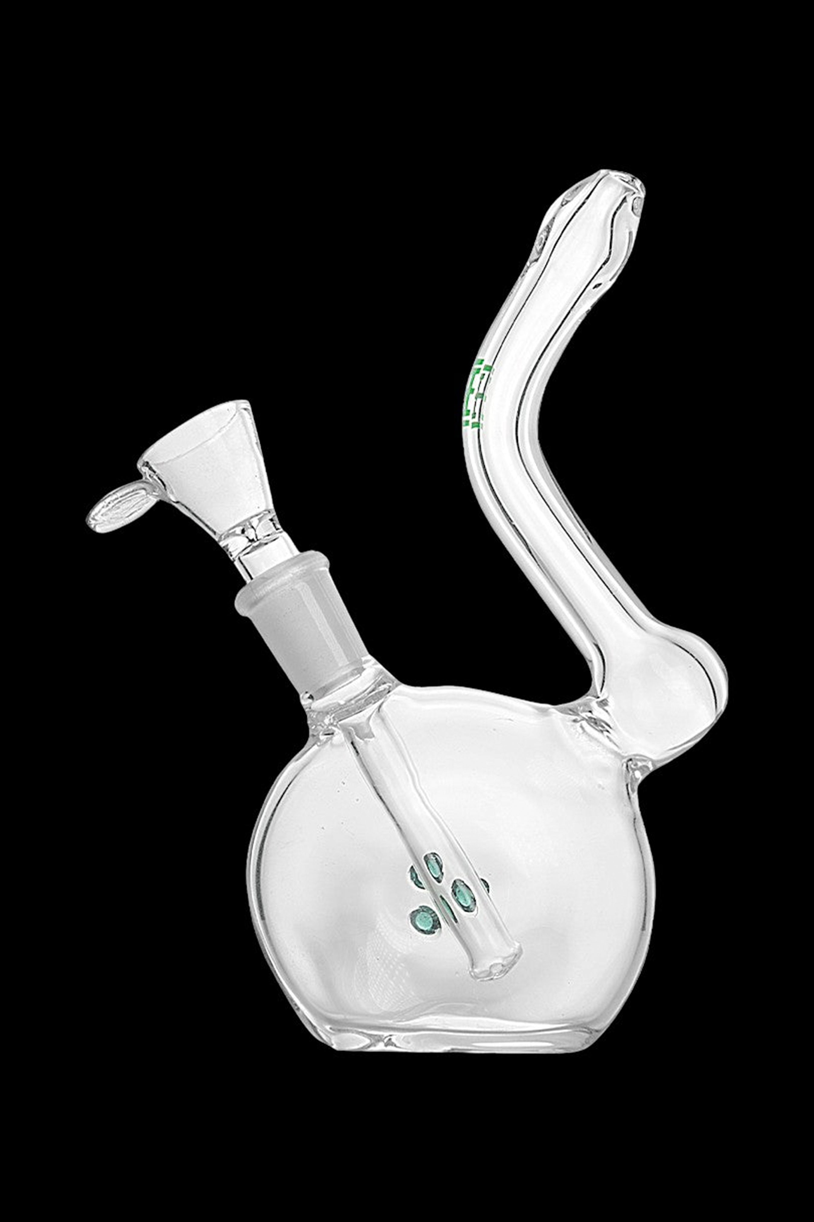 Clear glass bubbler water pipe for smoking cannabis.
