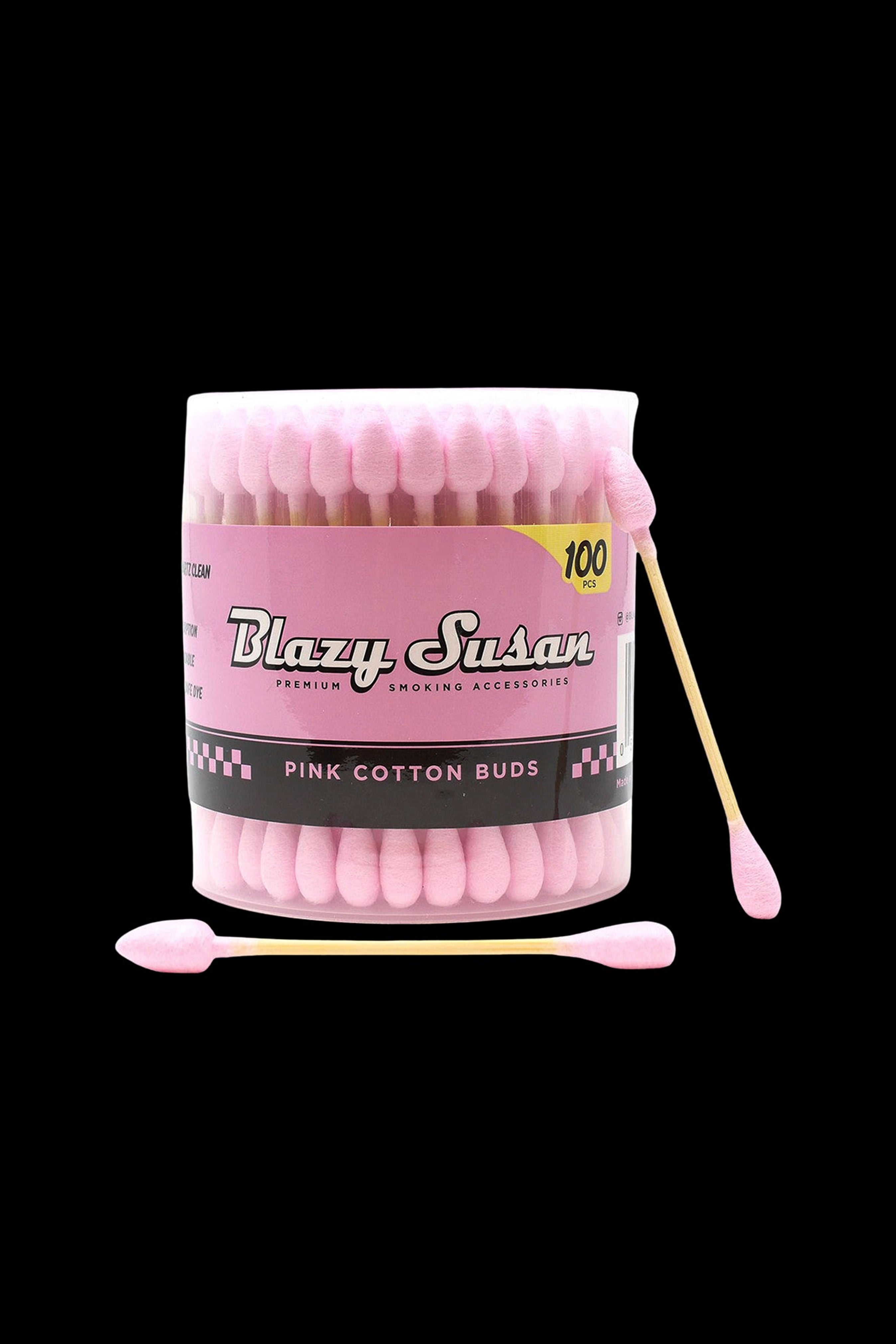 Pink container of 100 “Blazy Susan” premium smoking cotton swabs.